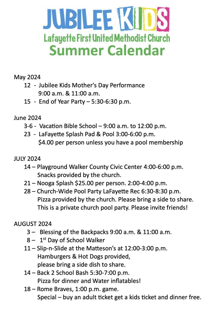 Jubilee Kids Summer Calendar 2024